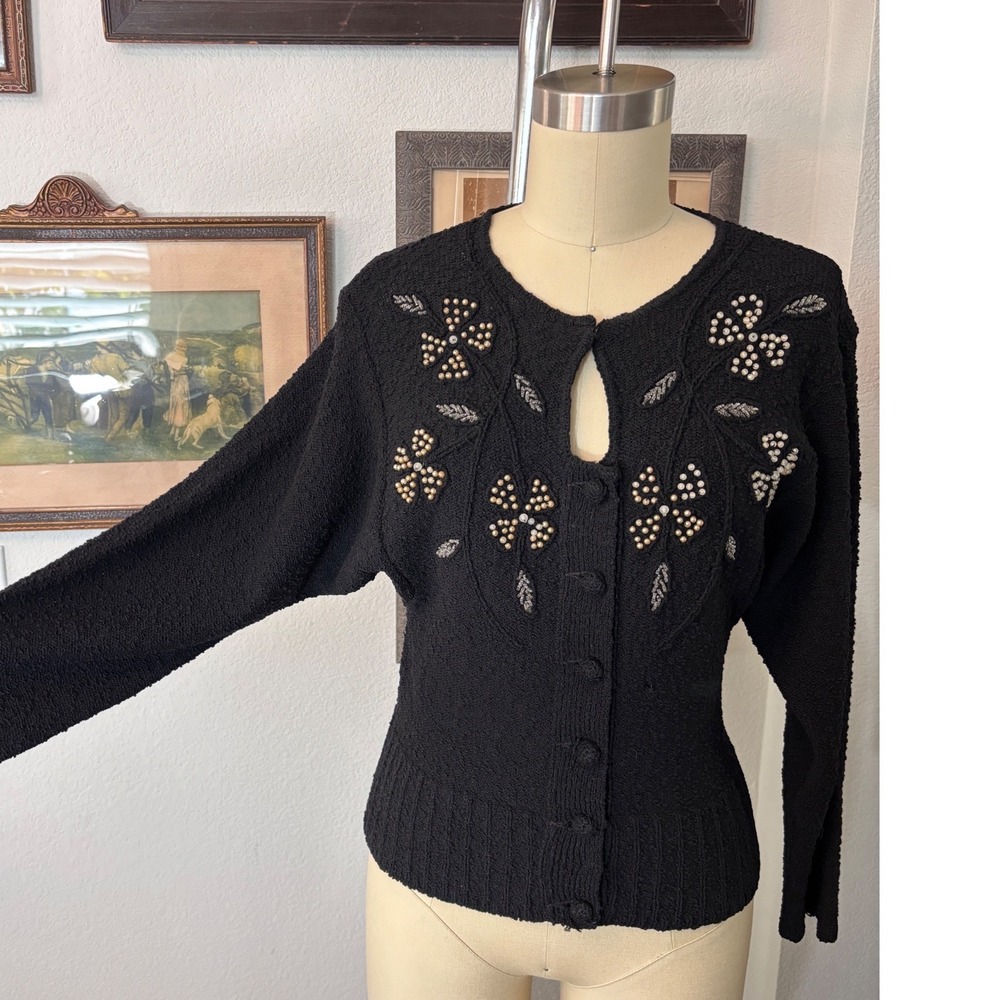 Vintage 40s 50s Hand Loomed Beaded Cardigan Black Floral beaded Sweater